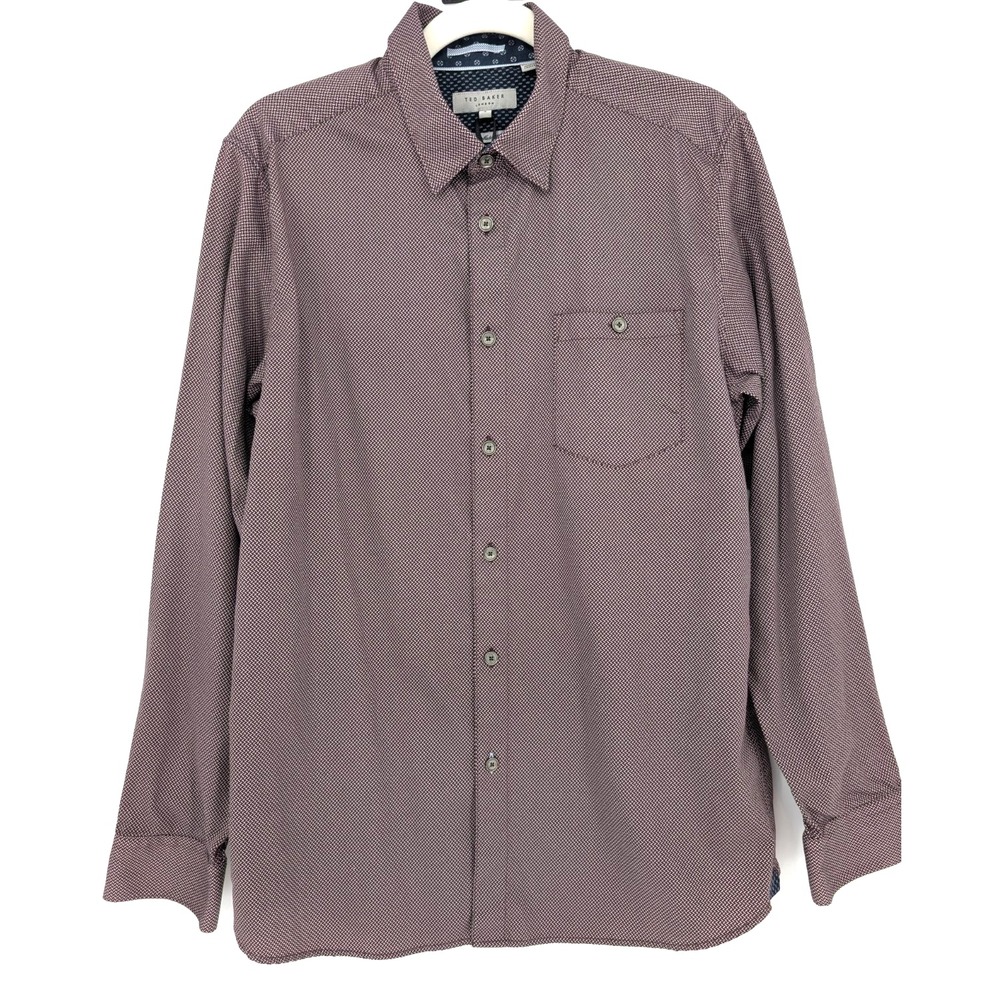Ted Baker Mens Maroon Geo Print Stretch Button Down Shirt 4/LRG Luxury Designer
